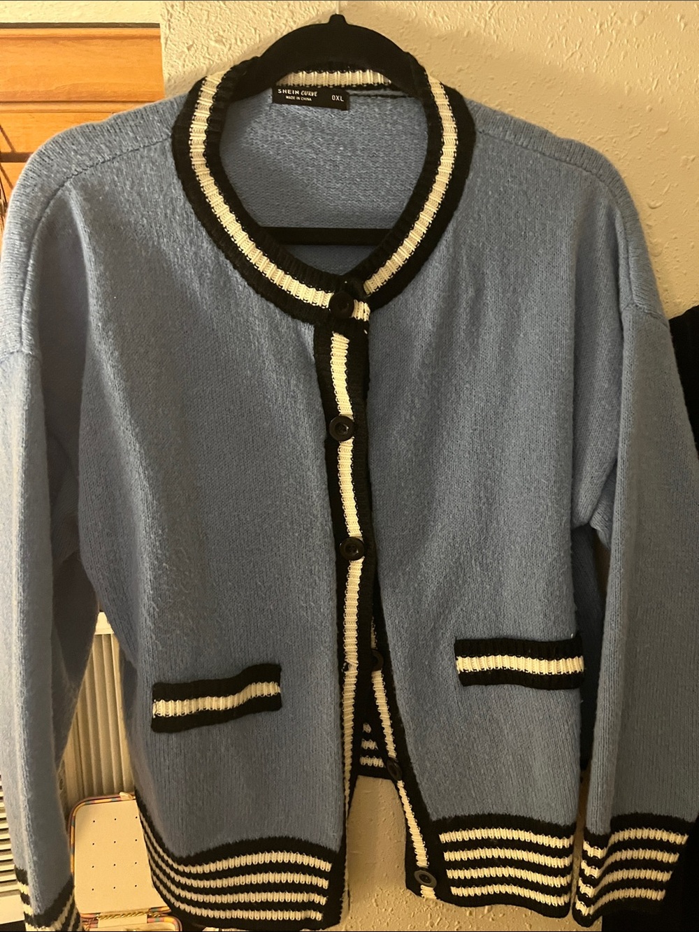 Classic Light Blue Cardigan with Contrast Trim